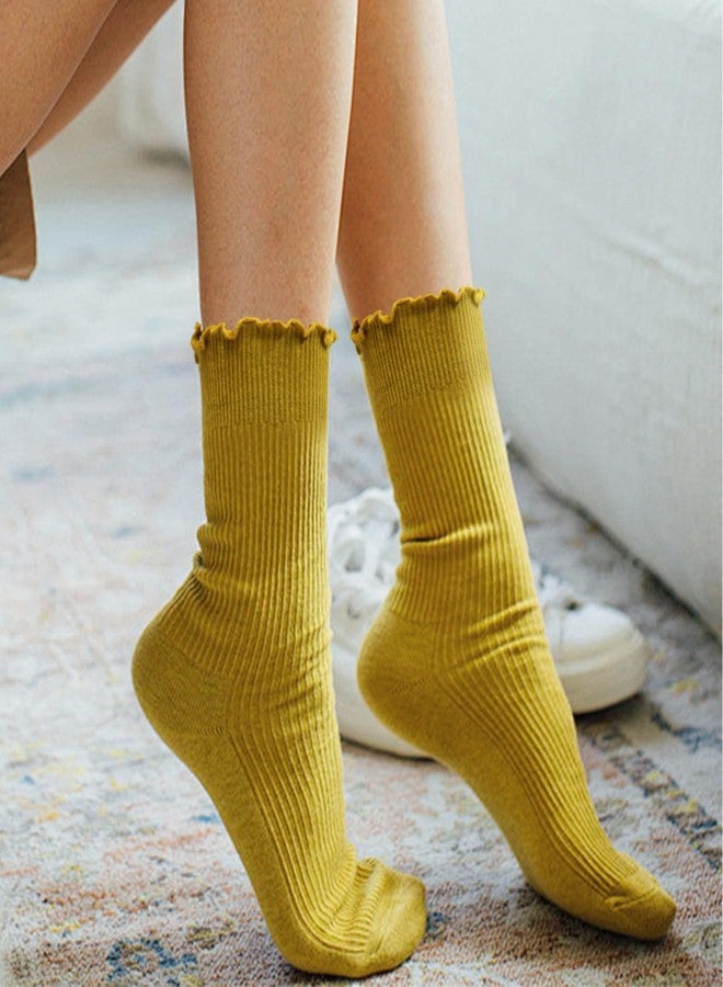 Cranviech 6 Pairs Women's Ruffle Socks - Frilly, Cute Turn-Cuff, Breathable Soft Mid-Calf Cotton Casual Socks for Women Girls (Yellow, Green, Orange, Pink, Purple, Blue) - Image 4