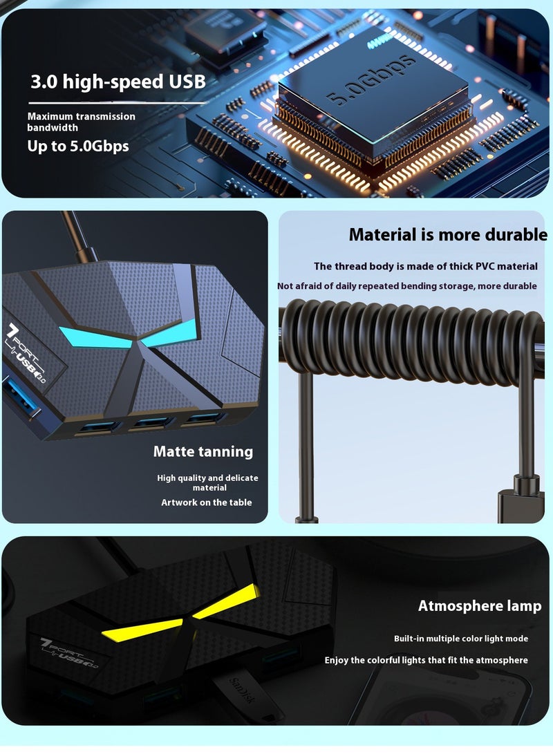 Colorful Atmosphere Light Hub 4-Port Multi-Port Adapter Ultra-Thin Data Center USB A Splitter [Support Charging] Multi USB Extender for Laptop, Desktop, Xbox, PS5, Mouse, Keyboard, Flash Drive, Printer - 60CM Black - Image 3