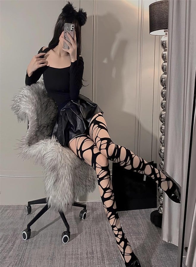 بيسماهير جوارب نسائية ممزقة من BASEMMAHER، جوارب شبكية، جوارب طويلة ممزقة، جوارب قوطية بانك مثقبة، جوارب Y2K، ملابس وإكسسوارات لحفلات الهالوين التنكرية - Image 4