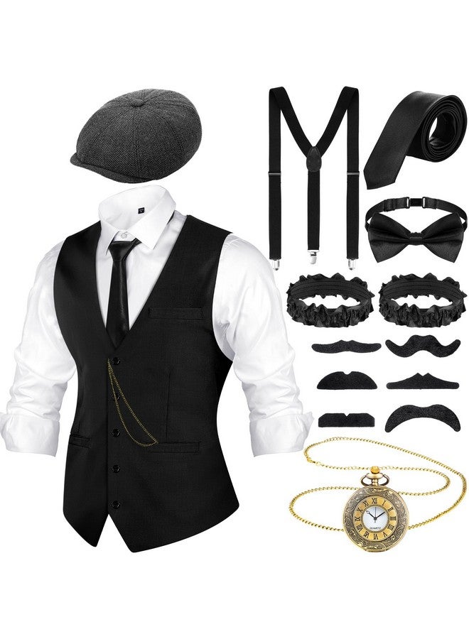 Foaincore Foaincore 1920s Mens Costume 20s Accessories Outfit with Gangster Vest Hat Vintage Pocket Watch Suspenders(Black, Medium) - Image 1