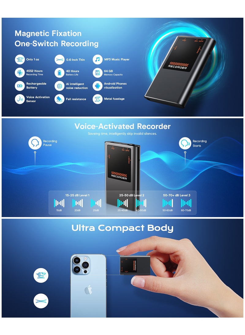 3072Kbps Voice Activated Recorder - 750 Hour Storage Voice Recorder with AI Noise Cancellation, Recording Device for Lectures, Meetings, Intervie, 64GB Digital Voice Recorders with Playback
