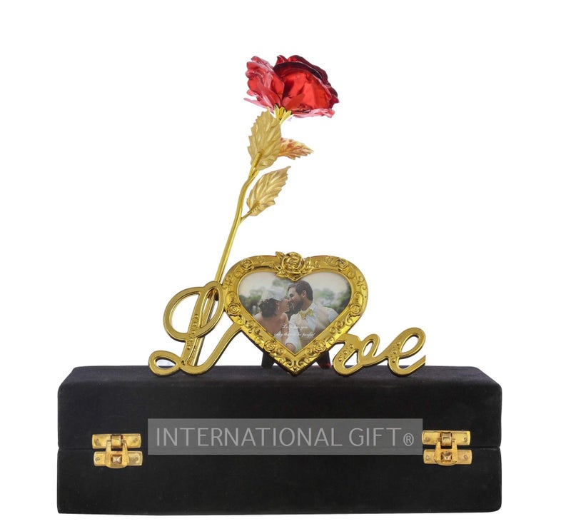 INTERNATIONAL GIFT® Red Rose Flower with Heart Photo Frame Love Shape Stand and Black Gift Box - Image 1