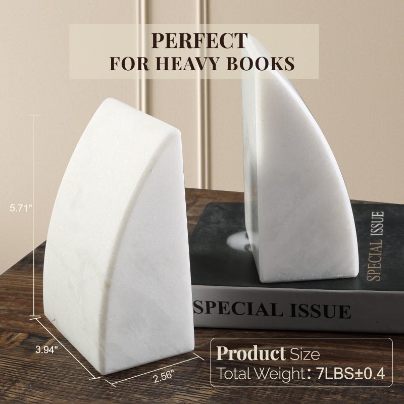Koville Marble Bookends for Shelves, Large Bookends for Heavy Books, Natural Stone Book Stopper for Books CD Movies, Aesthetic Decorative Book Ends (White) - Image 2