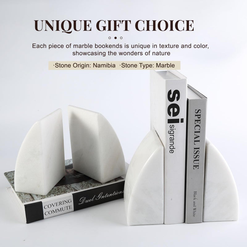 Koville Marble Bookends for Shelves, Large Bookends for Heavy Books, Natural Stone Book Stopper for Books CD Movies, Aesthetic Decorative Book Ends (White) - Image 4