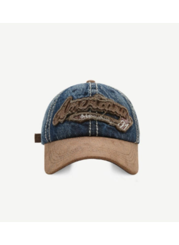 Americana Vintage - Style Blue Denim Baseball Cap with "Americana" Embroidered Patch and Brown Brim  60-65cm.