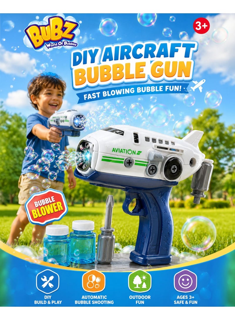 BUBZ DIY Electric Aircraft Bubble Gun Toy for Kids Automatic Bubble Blaster Airplane Bubble Shooter with Build & Play Disassembly Fun, Continuous Fast Bubble Output, Bubble Solution Bottles, Creative Educational Outdoor Summer Toy for Boys & Girls Age 3+ - Image 1