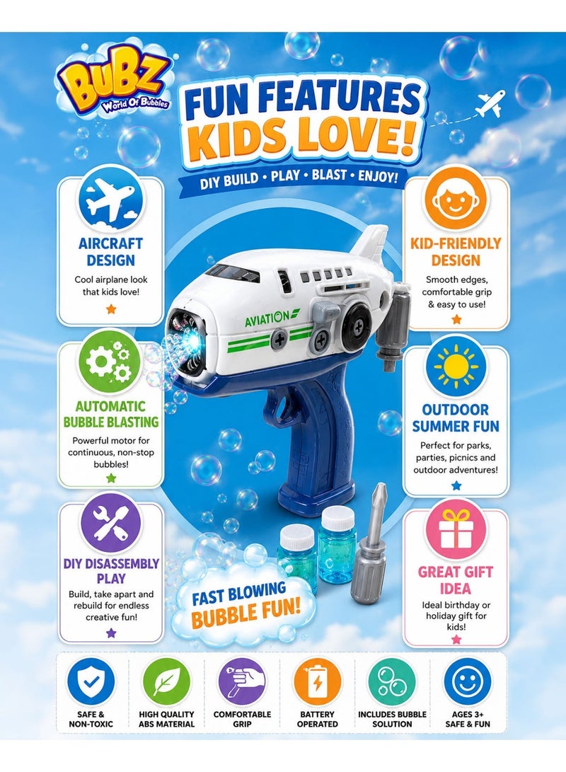 BUBZ DIY Electric Aircraft Bubble Gun Toy for Kids Automatic Bubble Blaster Airplane Bubble Shooter with Build & Play Disassembly Fun, Continuous Fast Bubble Output, Bubble Solution Bottles, Creative Educational Outdoor Summer Toy for Boys & Girls Age 3+ - Image 2