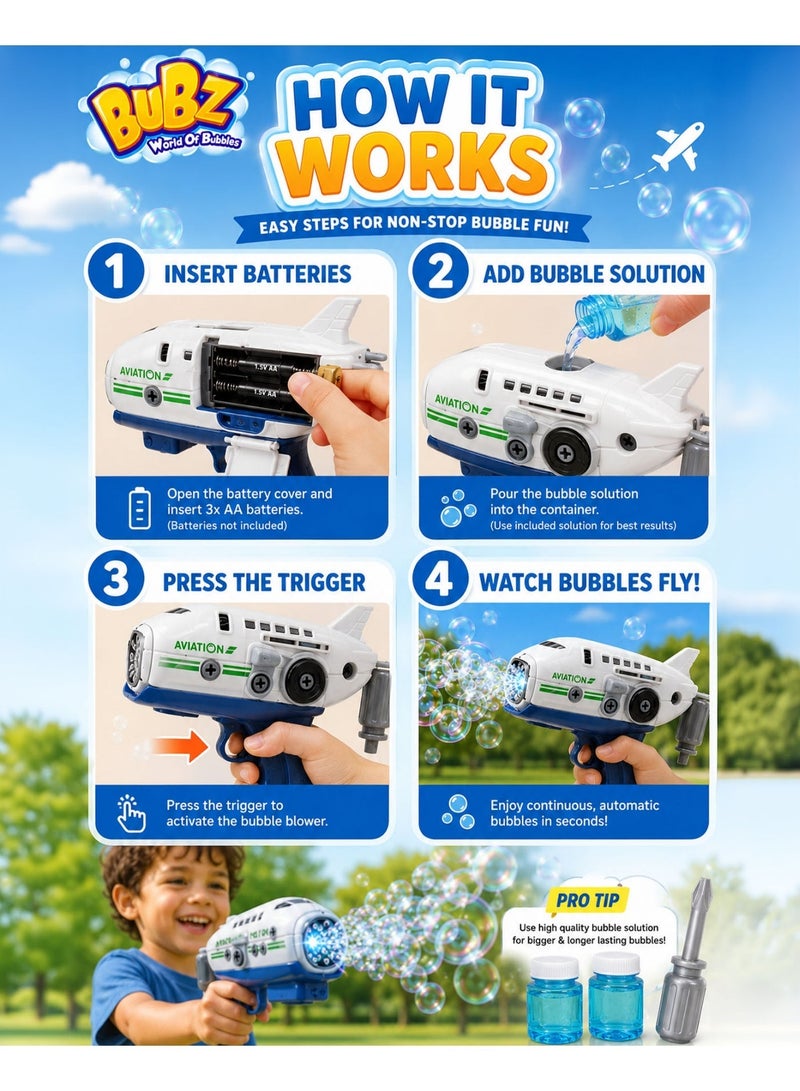 BUBZ DIY Electric Aircraft Bubble Gun Toy for Kids Automatic Bubble Blaster Airplane Bubble Shooter with Build & Play Disassembly Fun, Continuous Fast Bubble Output, Bubble Solution Bottles, Creative Educational Outdoor Summer Toy for Boys & Girls Age 3+ - Image 3