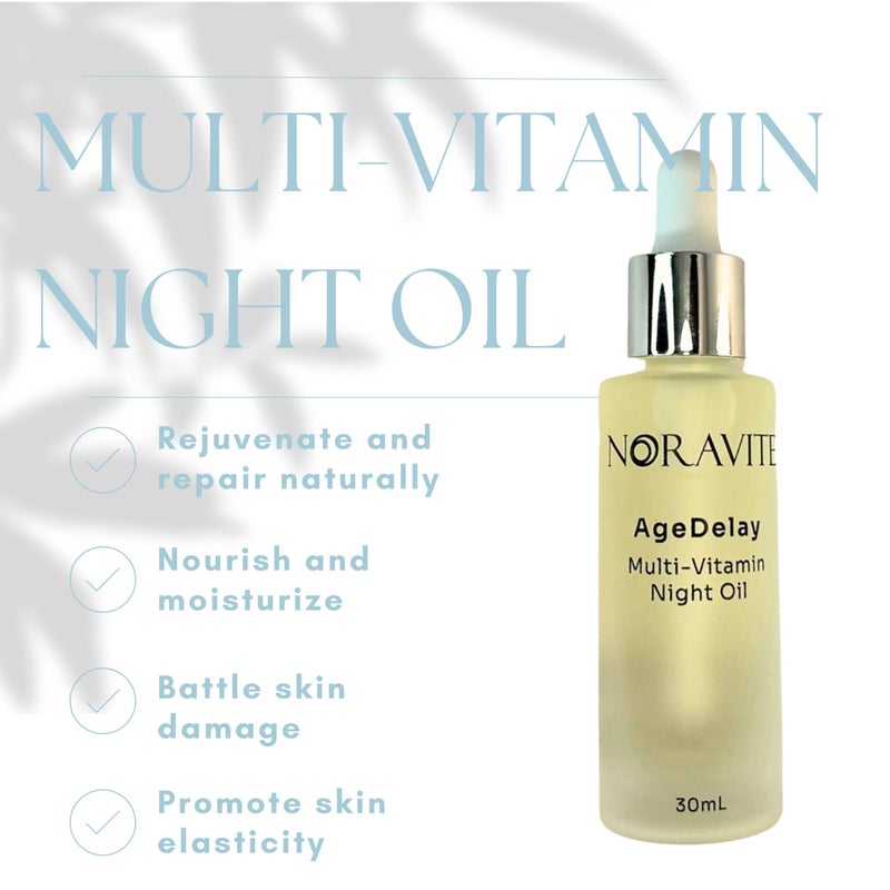 Noravite AgeDelay Multi-Vitamin Night Facial Oil - Intensive Skin Tightening Oil & Moisturizer - Nourishes Protects & Rejuvenates - Antioxidant Serum w/Vitamin E, Omega 3,6,9 & Seaweed - 30ml - Image 2