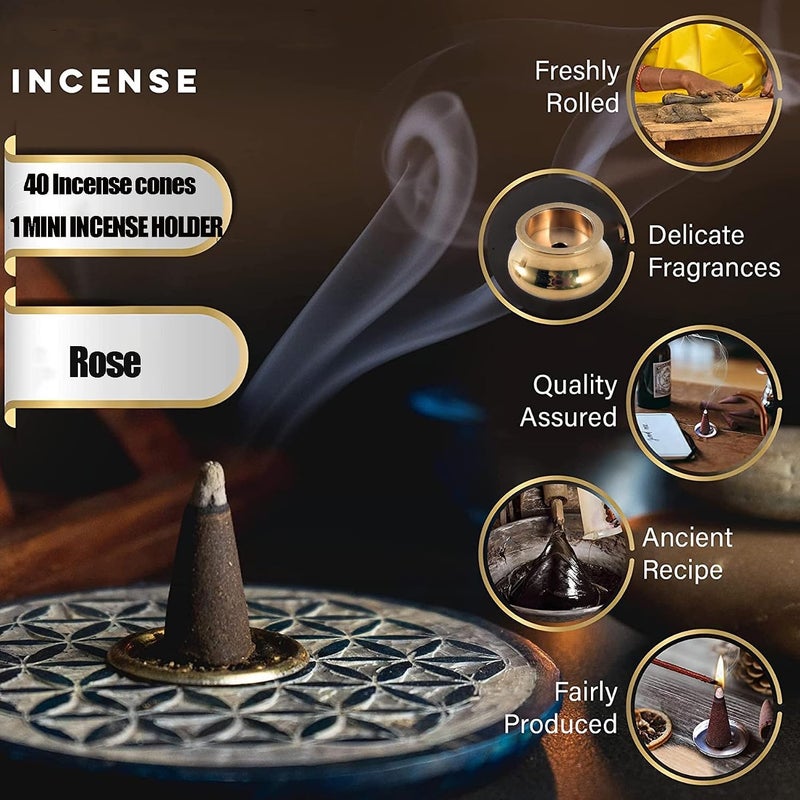sheful البخور, Rose Incense Cones 40 Pack, Incense Stickes with Mini Copper Incense Holder, Long Lasting Aromatherapy for Positivity & Pure Air Stress Relief, Air Purifier & Clean, Fragrance Gift - Image 2