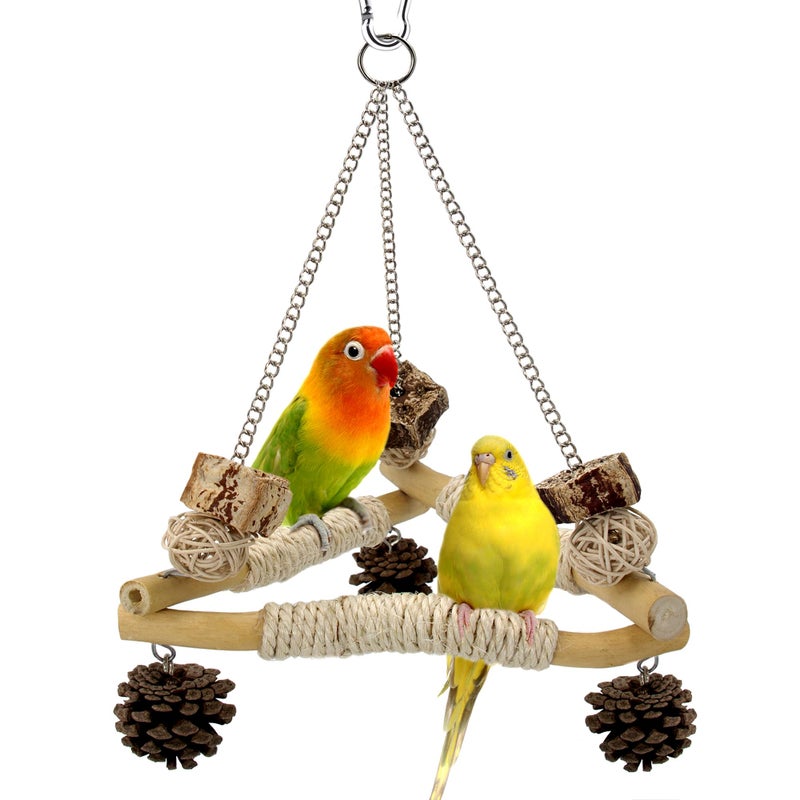 Jevnd Bird Swing for Cage with Chew Toys, 3 Sisal-Wrapped Parrot Perches & Stable Triangle Design, Wooden Hanging Parakeet Toys Swing for Cockatiel Lovebirds Conures Quaker Balance Training (S) - Image 1