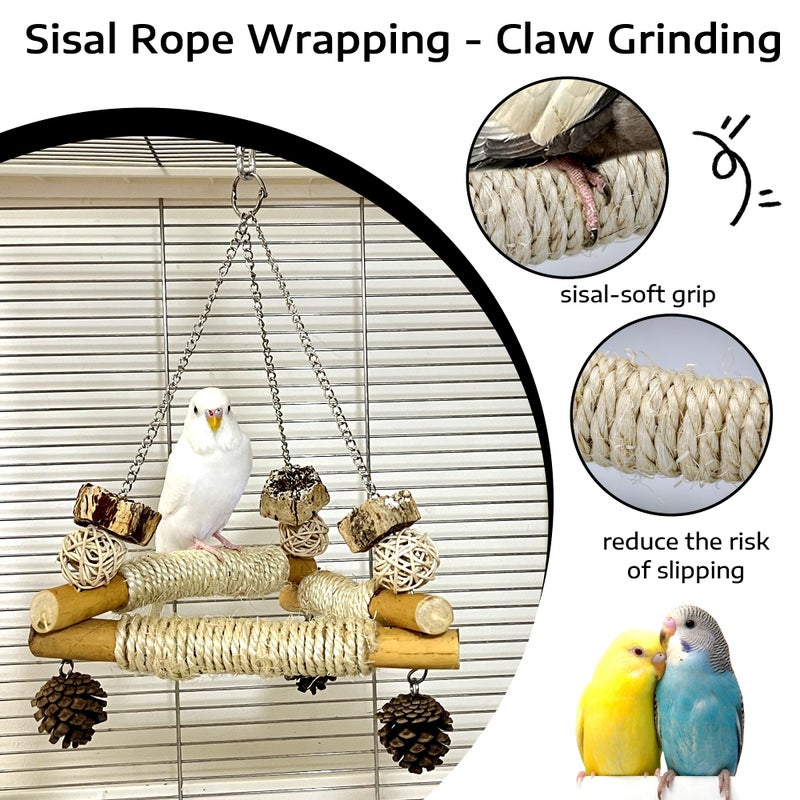 Jevnd Bird Swing for Cage with Chew Toys, 3 Sisal-Wrapped Parrot Perches & Stable Triangle Design, Wooden Hanging Parakeet Toys Swing for Cockatiel Lovebirds Conures Quaker Balance Training (S) - Image 5