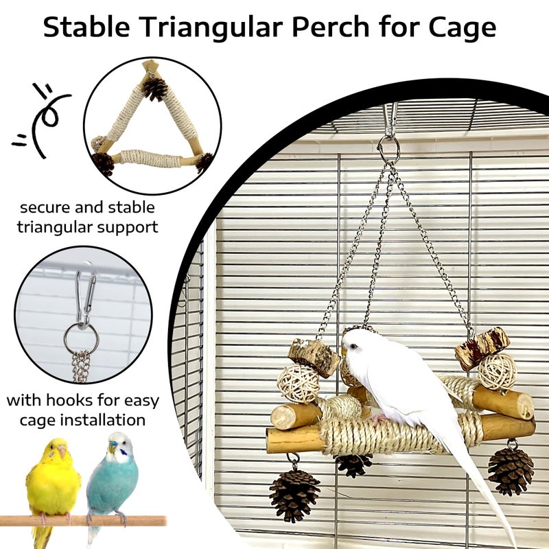 Jevnd Bird Swing for Cage with Chew Toys, 3 Sisal-Wrapped Parrot Perches & Stable Triangle Design, Wooden Hanging Parakeet Toys Swing for Cockatiel Lovebirds Conures Quaker Balance Training (S) - Image 3