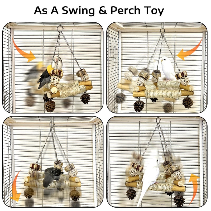 Jevnd Bird Swing for Cage with Chew Toys, 3 Sisal-Wrapped Parrot Perches & Stable Triangle Design, Wooden Hanging Parakeet Toys Swing for Cockatiel Lovebirds Conures Quaker Balance Training (S) - Image 2