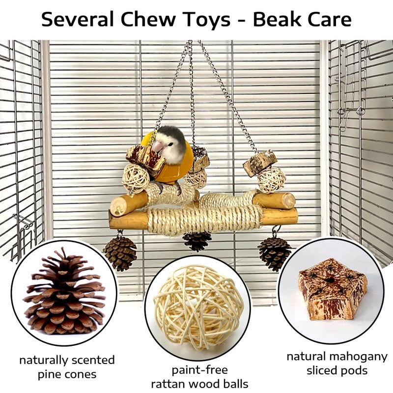 Jevnd Bird Swing for Cage with Chew Toys, 3 Sisal-Wrapped Parrot Perches & Stable Triangle Design, Wooden Hanging Parakeet Toys Swing for Cockatiel Lovebirds Conures Quaker Balance Training (S) - Image 4