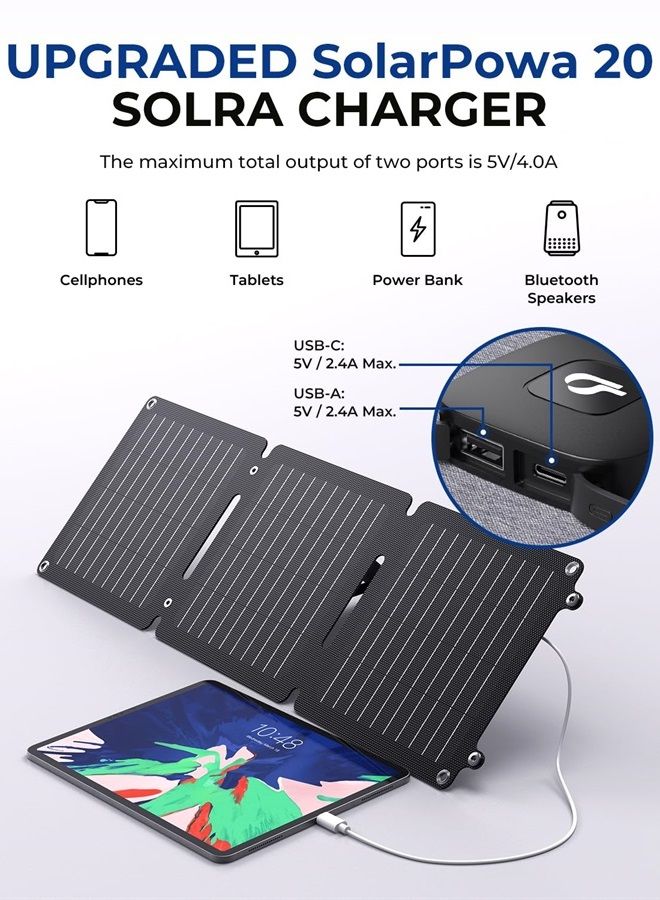 Bigblue 【New Version】BigBlue 20W ETFE Solar Charger (5V/4A Max) with Kickstand, SolarPowa 20 Portable Solar Panel Charger with USB-A and USB-C, IP65 Waterproof, Compatible with iPhone, iPad, Samsung, LG etc.  - Image 3