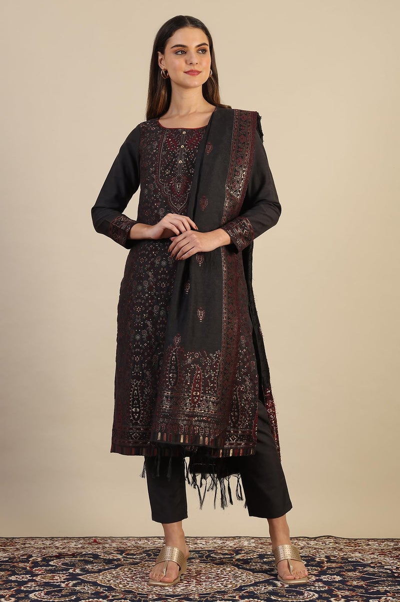 Aurelia Women's Grey Yarn Dyed Straight Kurta & Straight Pant with Shawl Set (Size: XL)-24NOAS15440-705355 - Image 2