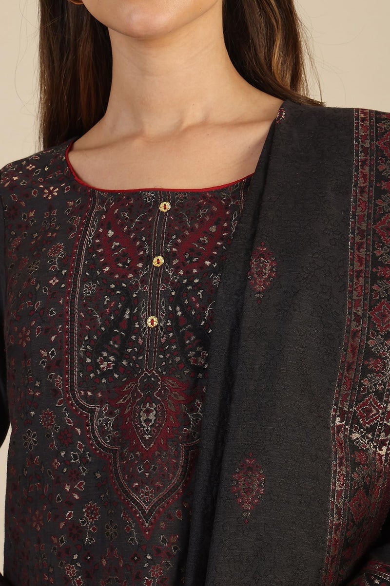 Aurelia Women's Grey Yarn Dyed Straight Kurta & Straight Pant with Shawl Set (Size: XL)-24NOAS15440-705355 - Image 3