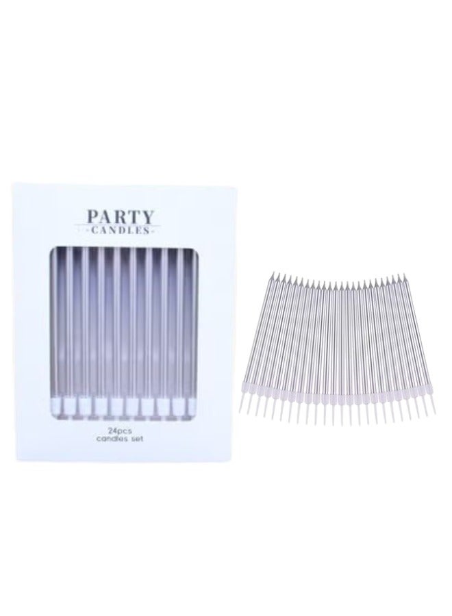 Party 24-Piece Silver Metallic Ultra-Thin Birthday Candles Set – Elegant & Modern Decor for Cakes, Weddings & Luxury Events |  “Silver Party Supplies,” “Luxury Cake Toppers,” “VIP Wedding Decor - Image 1
