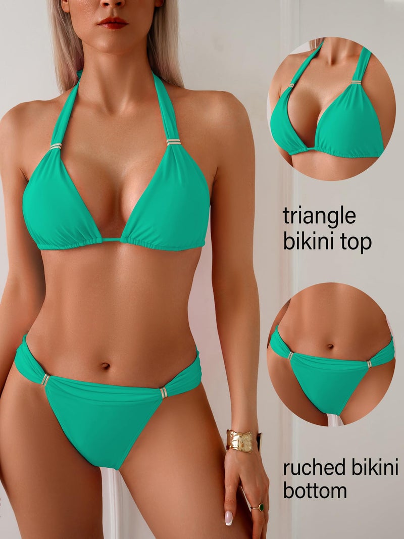 TASHEHE Women's Triangle Ruched Bikini Set Sexy Two Piece Swimsuit Halter Sliding Rings Bathing Suit - 508 / Lake Green - Medium - Image 4