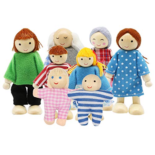 PUCKWAY Lovely Family Dollhouse Dolls Set of 8 Wooden Figures Kids Girls Happy Playset Characters Accessories for Children Pretend Gift - Image 1