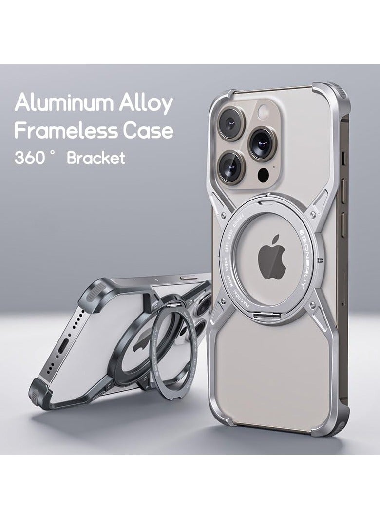 Metal Case for IPhone 16 Pro Max (2024),Aluminum Alloy Hollow Phone Case with 360° Magnetic Ring Stand,Compatible with Car Mount  Wireless Charging,Anti-fall Protective Cover (Silver) - Image 2