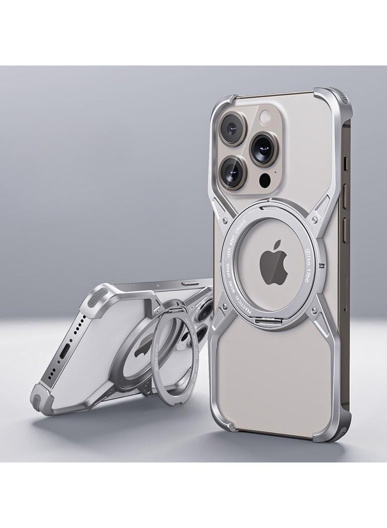 Metal Case for IPhone 16 Pro Max (2024),Aluminum Alloy Hollow Phone Case with 360° Magnetic Ring Stand,Compatible with Car Mount  Wireless Charging,Anti-fall Protective Cover (Silver) - Image 1