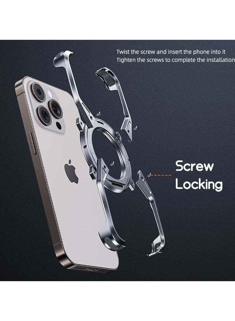 Metal Case for IPhone 16 Pro Max (2024),Aluminum Alloy Hollow Phone Case with 360° Magnetic Ring Stand,Compatible with Car Mount  Wireless Charging,Anti-fall Protective Cover (Silver) - Image 5