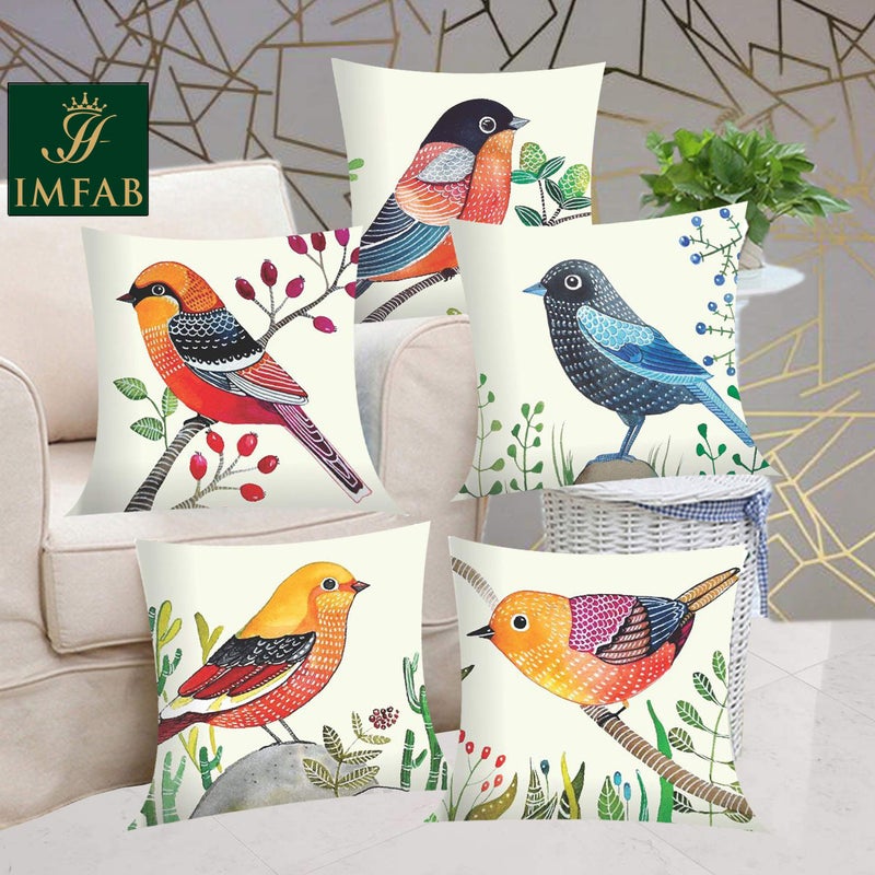 IM FAB 250 TC Sparrow Design Printed Canvas Cotton Cushion Cover- Multicolour, 24X24 inches, Set of 5 Pcs - Image 5