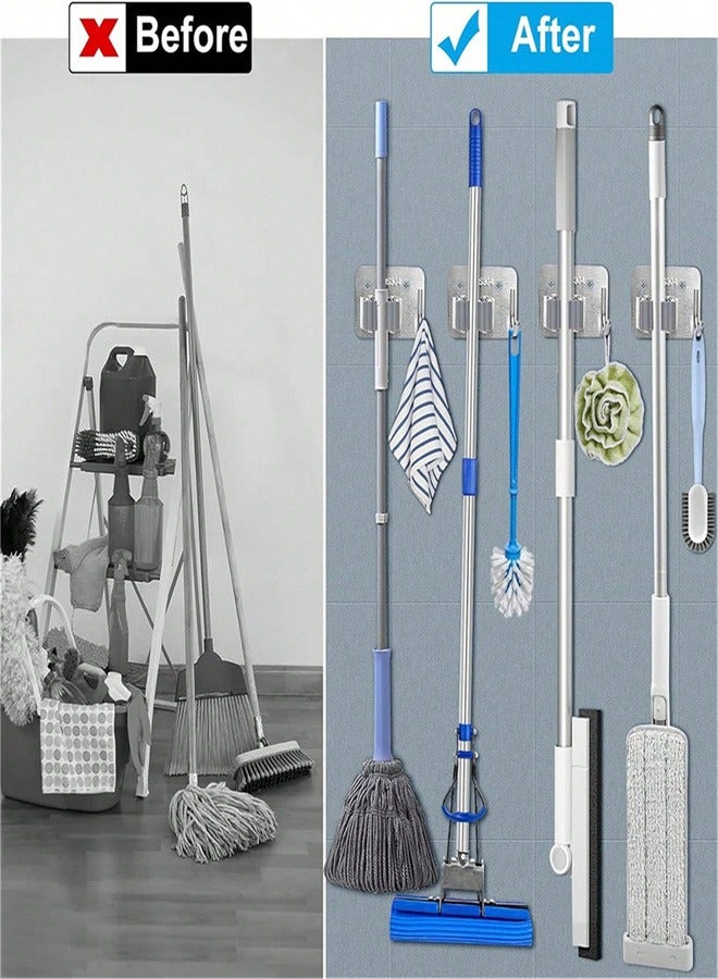 Broom Holder Wall Mount, 4 Pack Anti-Slip Broom Holder, Mop and Broom Holder Wall Mount, Self Adhesive Broom Organizer Hanger Gripper for Bathroom Kitchen Closet Garage Garden  - Image 5