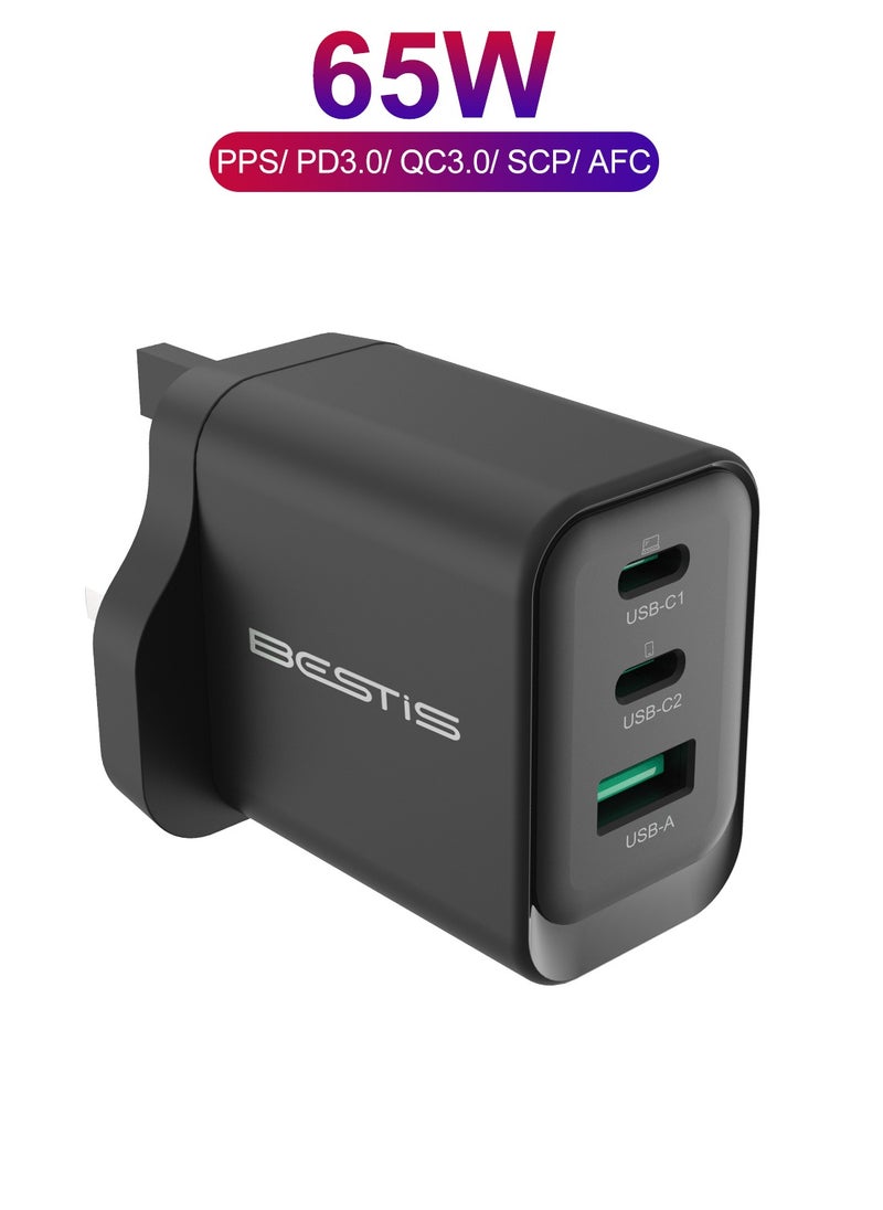 بيستيس  شاحن USB C PD65W، محول من النوع PD3.0/QC 3.0، شاحن حائط GaN 3 منافذ، شاحن مدمج من النوع C، شحن سريع لهاتف iPhone 16/16 Pro/16 Pro Max/15 Pro، وMacBook Pro/Air  - Image 2