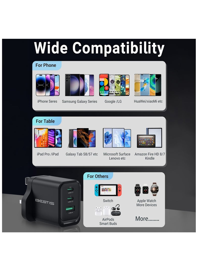 BESTIS - PD65W USB C Charger Block, PD3.0/QC 3.0 Type Adapter, 3 Ports GaN Wall Charger Compact Type C Charger Fast Charging for iPhone 16/16 Pro/16 Pro Max/15 Pro,  for MacBook Pro/Air - Image 1