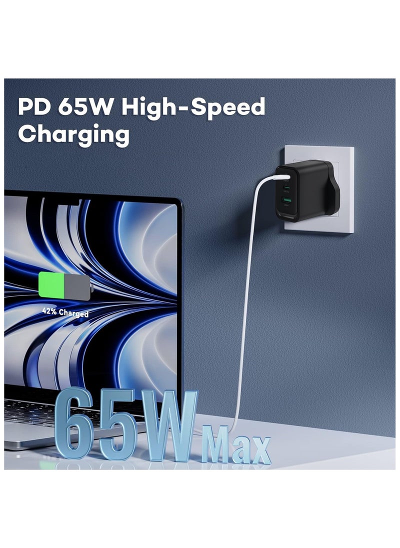 بيستيس  شاحن USB C PD65W، محول من النوع PD3.0/QC 3.0، شاحن حائط GaN 3 منافذ، شاحن مدمج من النوع C، شحن سريع لهاتف iPhone 16/16 Pro/16 Pro Max/15 Pro، وMacBook Pro/Air  - Image 3