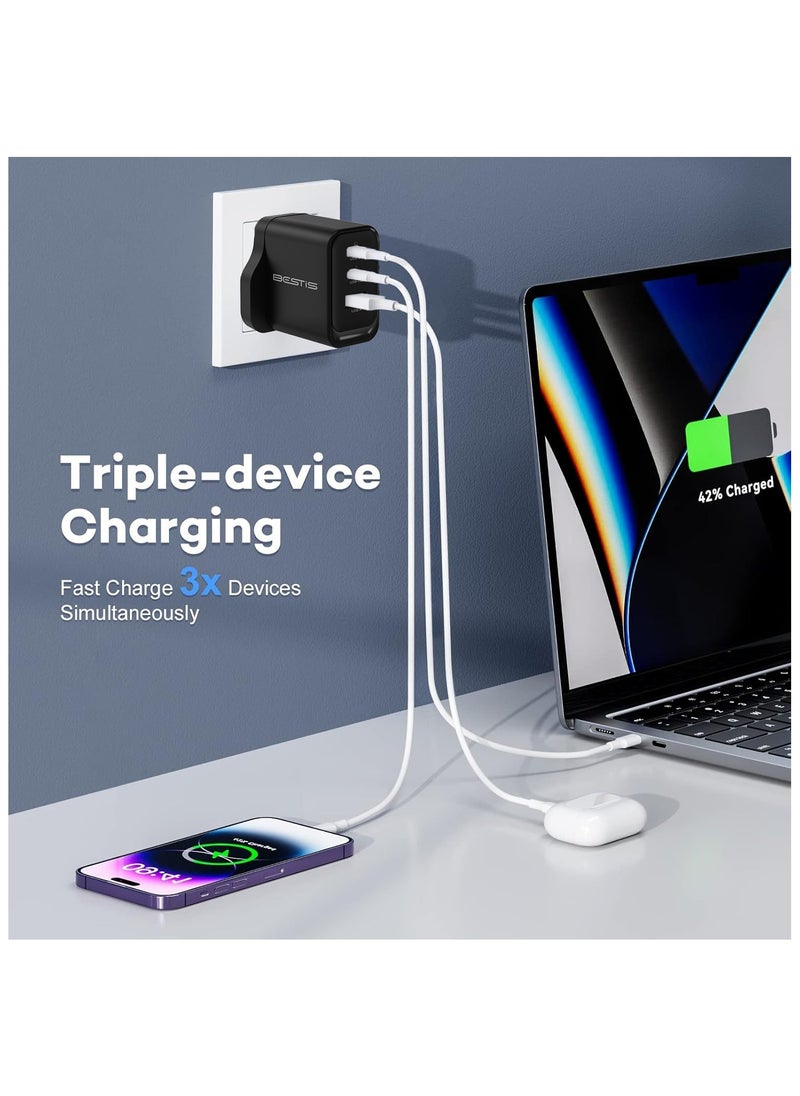 بيستيس  شاحن USB C PD65W، محول من النوع PD3.0/QC 3.0، شاحن حائط GaN 3 منافذ، شاحن مدمج من النوع C، شحن سريع لهاتف iPhone 16/16 Pro/16 Pro Max/15 Pro، وMacBook Pro/Air  - Image 4