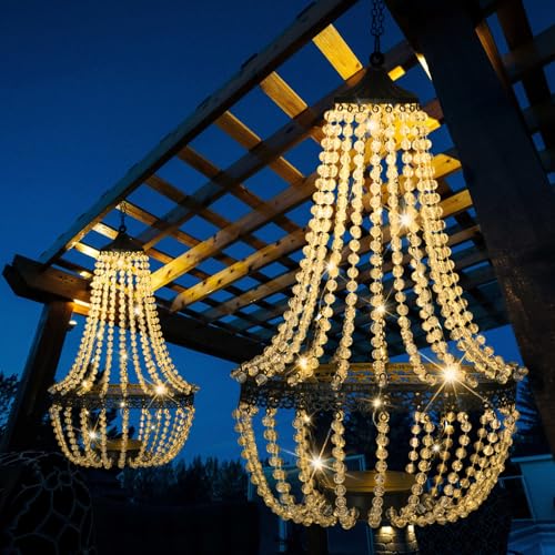 SUNNYPARK Hanging Solar Lantern Outdoor, 28” Modern Clear Crystal Acrylic Chandelier with 30 Warm White Lights S Hook for Garden, Yard, Patio, Gazebo Decorations - Image 1