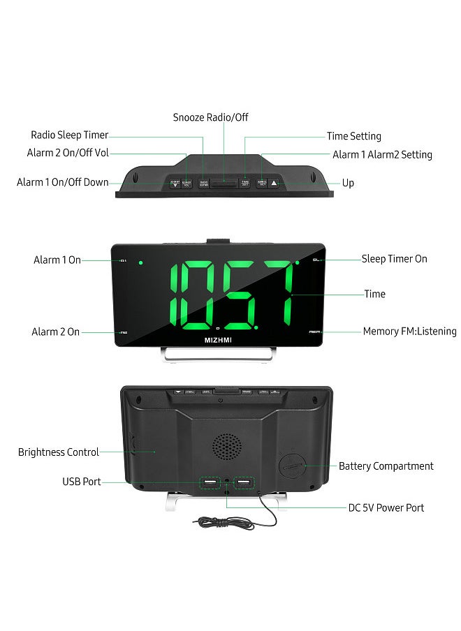 Digital Alarm Clock Radio with Dual Alarm Dimmer 9-inch LED Display FM Radio Sleep Timer Adjustable Volume Snooze 2 USB Charging Ports 12/24H Battery Backup for Bedroom Office