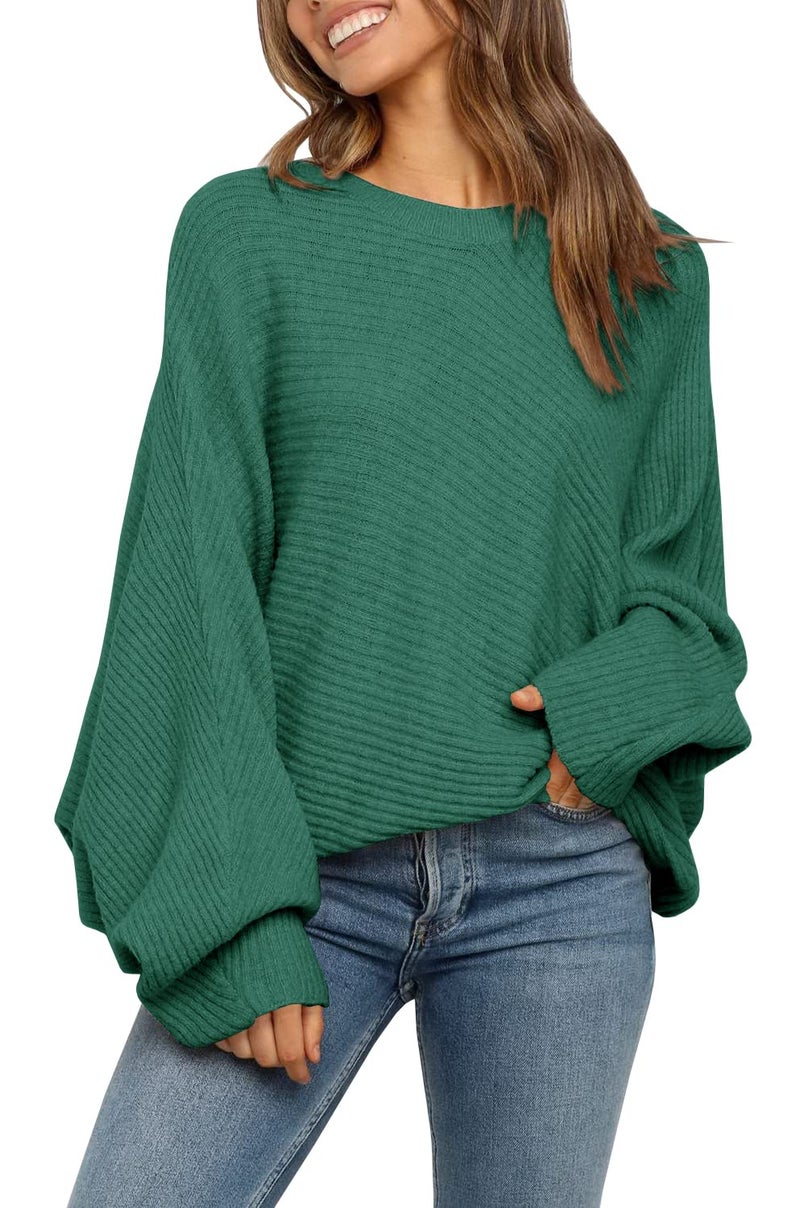 Mafulus Women's Oversized Crewneck Sweater Batwing Puff Long Sleeve Cable Slouchy Pullover Jumper Tops - Image 1