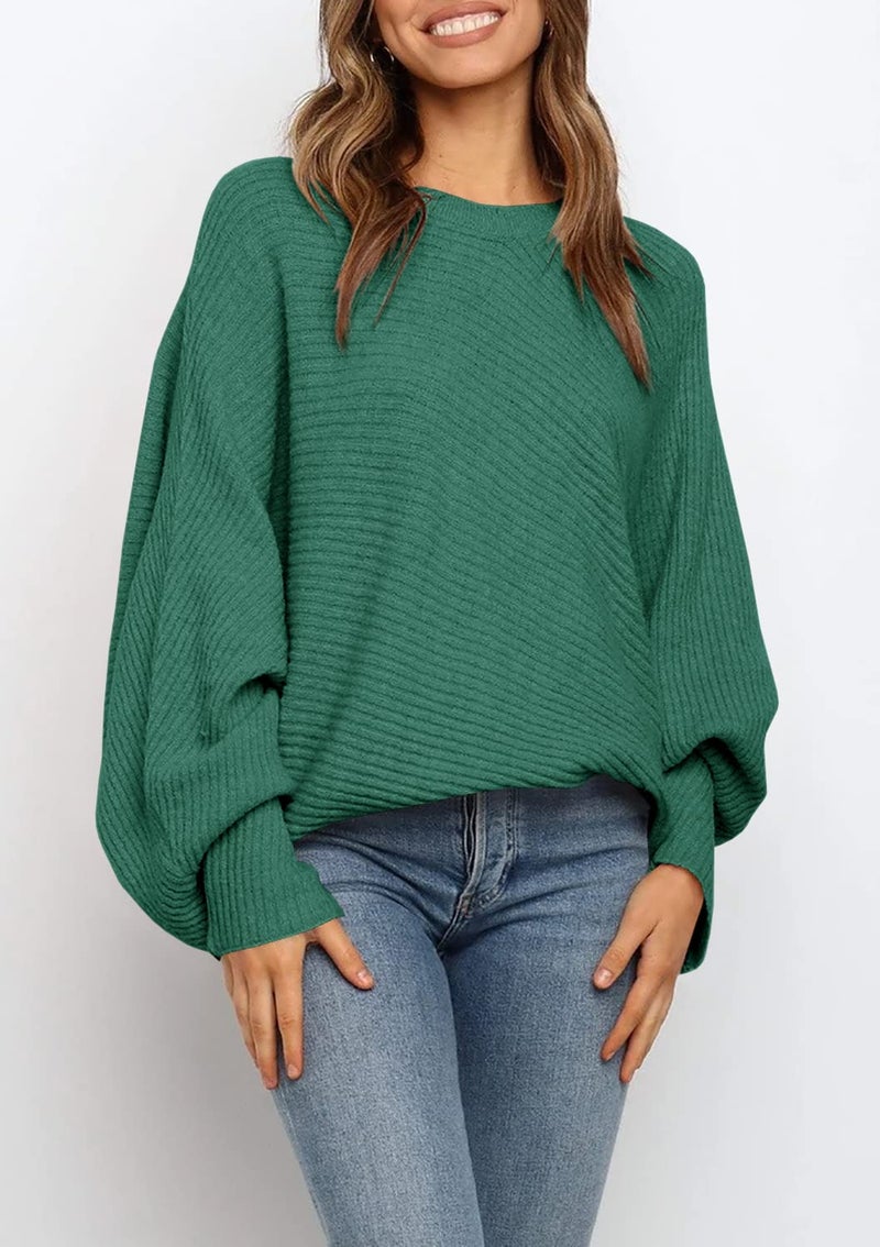 Mafulus Women's Oversized Crewneck Sweater Batwing Puff Long Sleeve Cable Slouchy Pullover Jumper Tops - Image 2