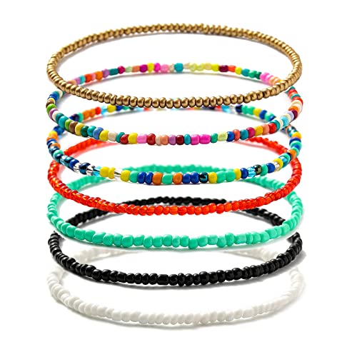 XIJIN 7 Pieces Elastic Beaded Anklets for Women Handmade Beach Boho Colorful Beads Ankle Bracelets Set - Image 1