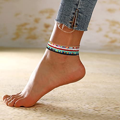 XIJIN 7 Pieces Elastic Beaded Anklets for Women Handmade Beach Boho Colorful Beads Ankle Bracelets Set - Image 2