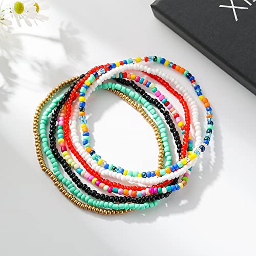 XIJIN 7 Pieces Elastic Beaded Anklets for Women Handmade Beach Boho Colorful Beads Ankle Bracelets Set - Image 5