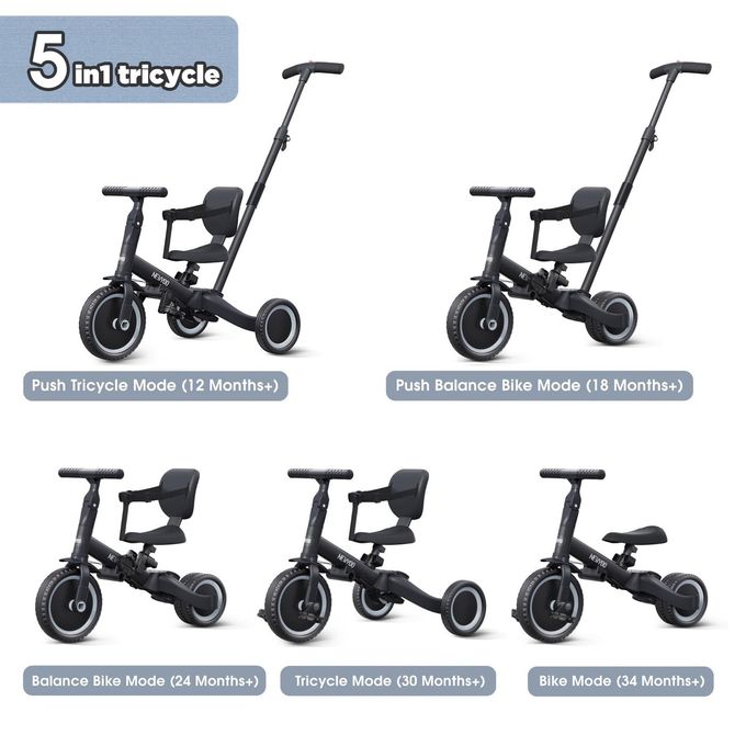 newyoo Toddler Bike, Tricycle w Push Handle for 1-3 Year Old, Birthday Gifts and Toys for Boy's and Girl's Birthday, Convertible 5 in 1 Baby Balance Bike, Kids Outdoor Riding Toys, Black, TR007 - Image 5