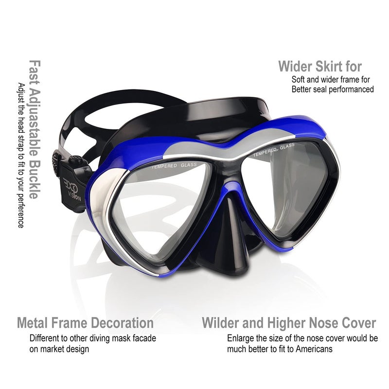 EXP VISION Adult Scuba Diving Mask, Anti-Fog Snorkel Goggles Tempered Glass Swim Mask Goggles with Nose Cover Professional Snorkeling Gear for Diving Snorkeling (Blue) - Image 2