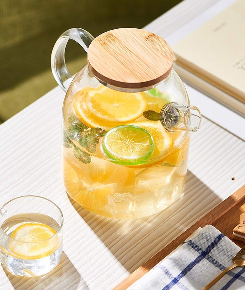 RADHIKA STORE RADHIKA STORE Glass Pitcher with Wooden Bamboo Lid and Golden Handle- 1.8 Litre - Glass Water Sun Tea Jar for - iced Tea, Juice, Milk, Coffee, Fruit Hot & Cold Beverages Carafe Multicolor Pack of 1  - Image 2