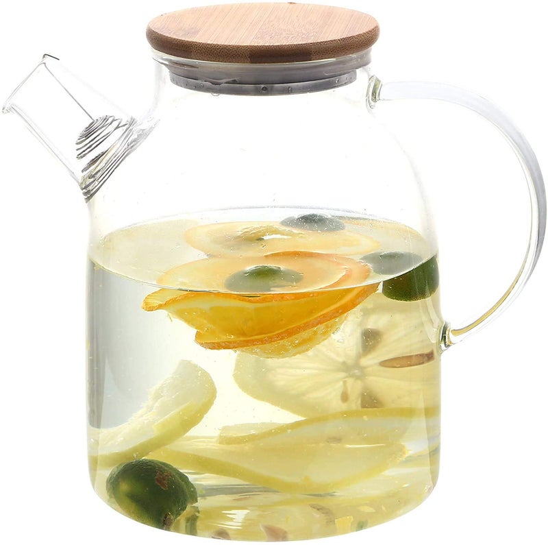 RADHIKA STORE RADHIKA STORE Glass Pitcher with Wooden Bamboo Lid and Golden Handle- 1.8 Litre - Glass Water Sun Tea Jar for - iced Tea, Juice, Milk, Coffee, Fruit Hot & Cold Beverages Carafe Multicolor Pack of 1  - Image 3