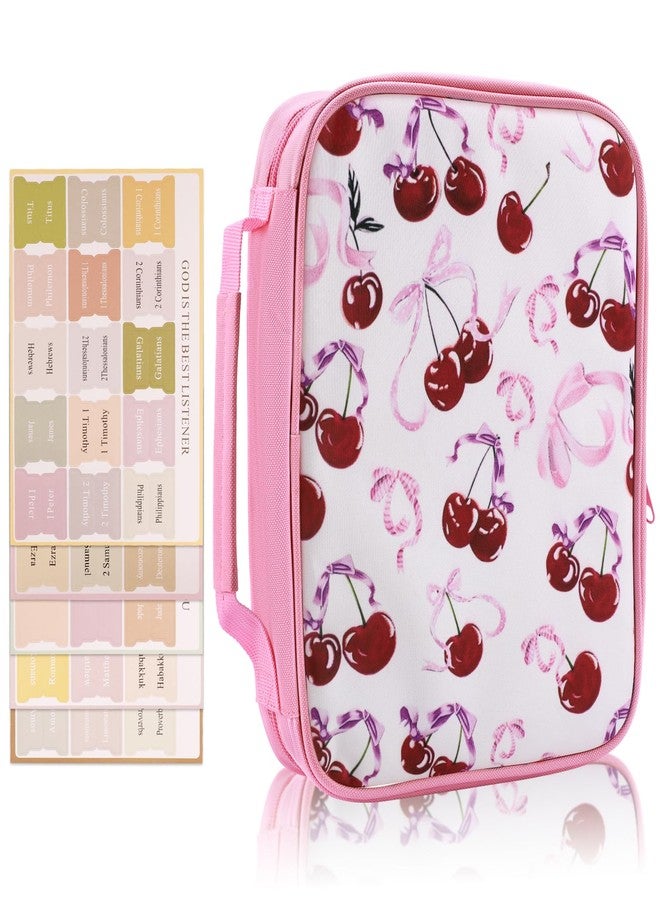 Tiltol Bible Cover Case for Women Girls,Large Bible Tote Bag with Handle,Religious Scripture Carrier with Cute Cherry and Bow,Lightweight Bag for Communion,Gifts for Women Girly(Cherry,75 Tabs) - Image 1