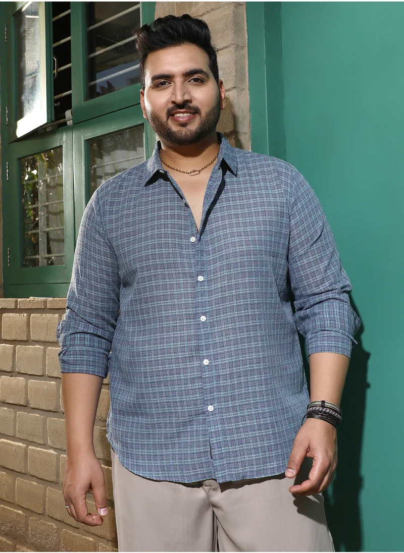 انستافاب بلس Instafab Plus Men's Icy Blue Micro-Tartan Plaid Shirt For Casual Wear | Spread Collar | Long Cuffed Sleeves | Button Closure | Plus Size Shirt Crafted With Comfort Fit For Everyday Wear