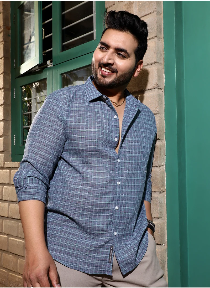 انستافاب بلس Instafab Plus Men's Icy Blue Micro-Tartan Plaid Shirt For Casual Wear | Spread Collar | Long Cuffed Sleeves | Button Closure | Plus Size Shirt Crafted With Comfort Fit For Everyday Wear