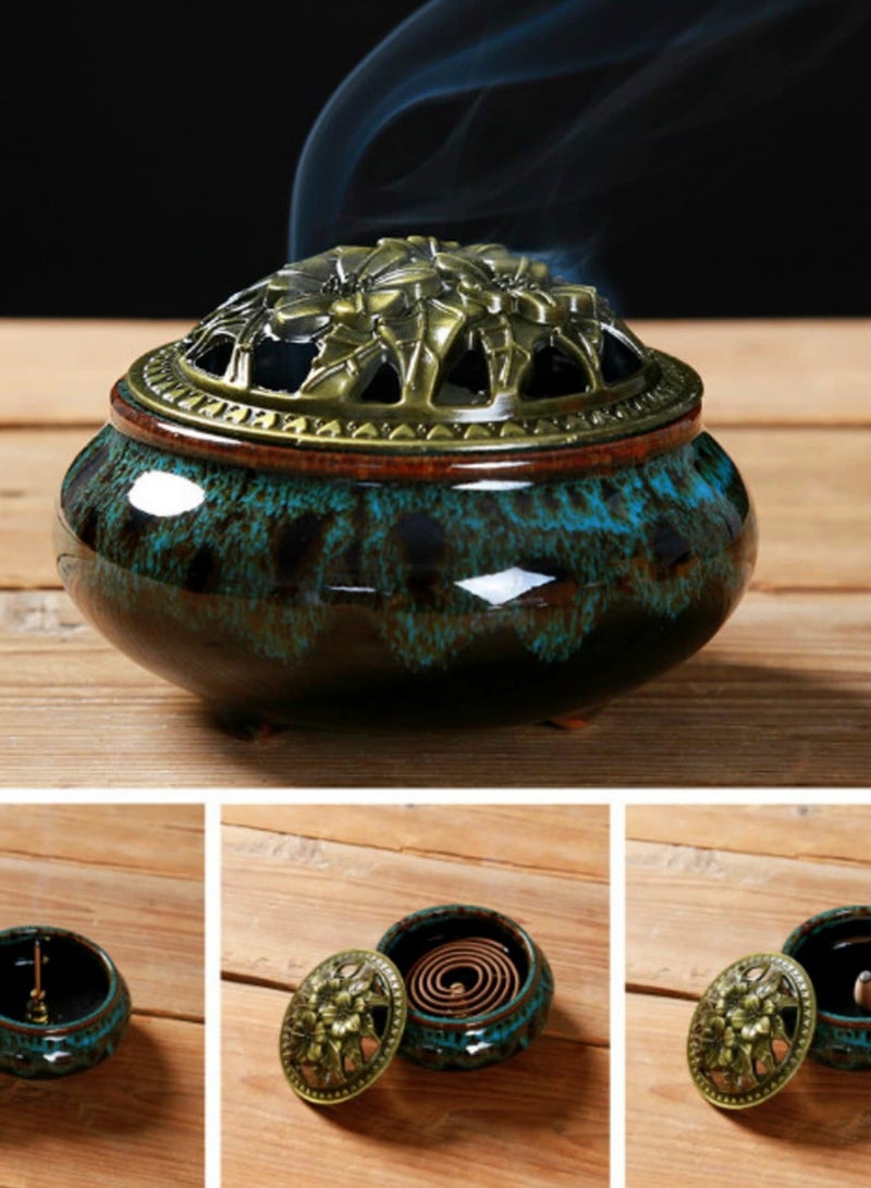 مبخرة من السيراميك مع حامل أعواد بخور + عازل يستخدم للبخور بالعيدان أو لفائف البخور وأقماع المريمية واللبان (فامبي أزرق) - Image 2