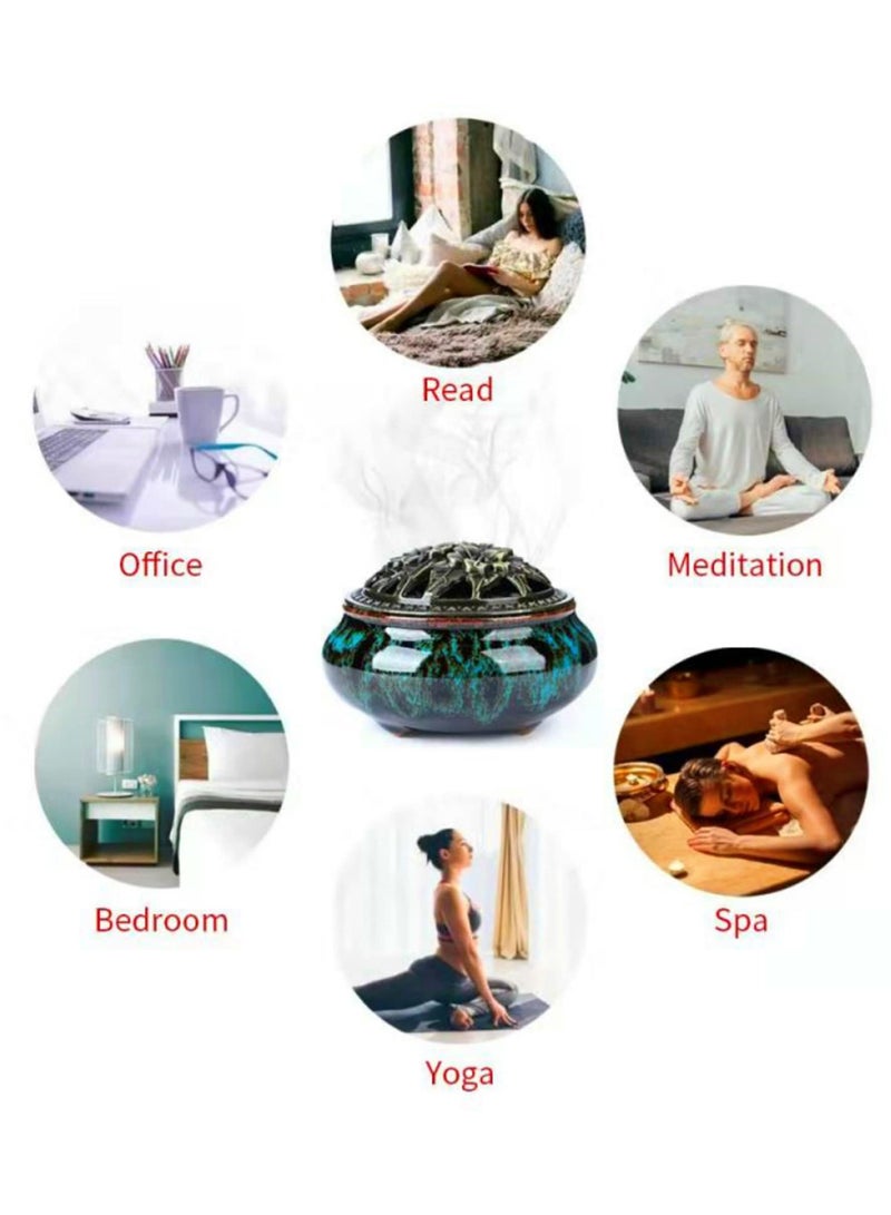 مبخرة من السيراميك مع حامل أعواد بخور + عازل يستخدم للبخور بالعيدان أو لفائف البخور وأقماع المريمية واللبان (فامبي أزرق) - Image 3